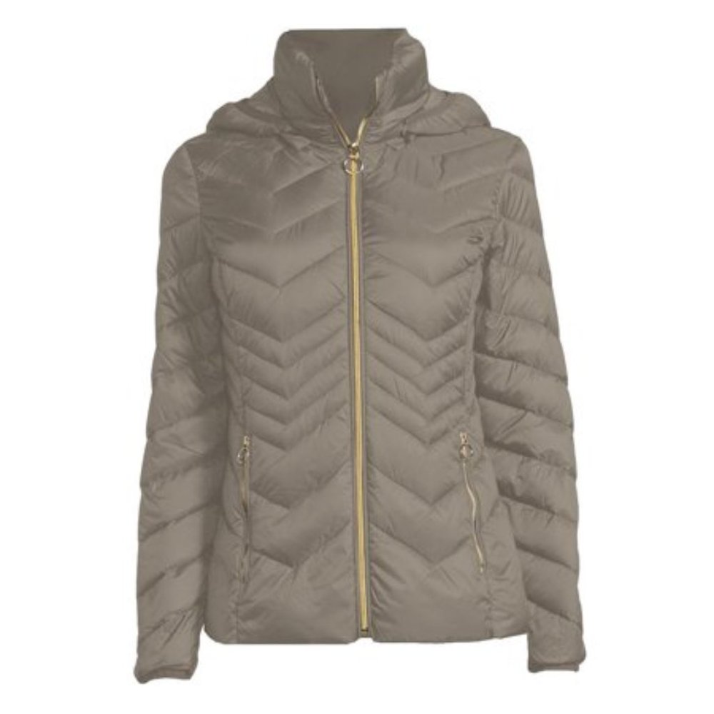 Taupe Packable Hooded Zip Down Puffer Jacket